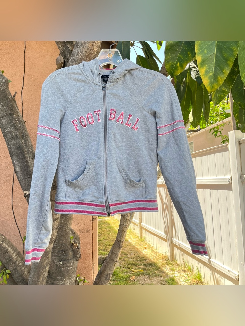 Vintage Bebe“Football” Beaded Zip - Up Hoodie in Grey and Pink.